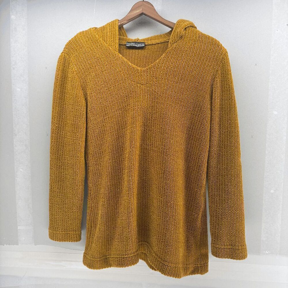 Modes Crystal Fashions Hooded Cable Knit Sweater‎ Mustard Size M EUC